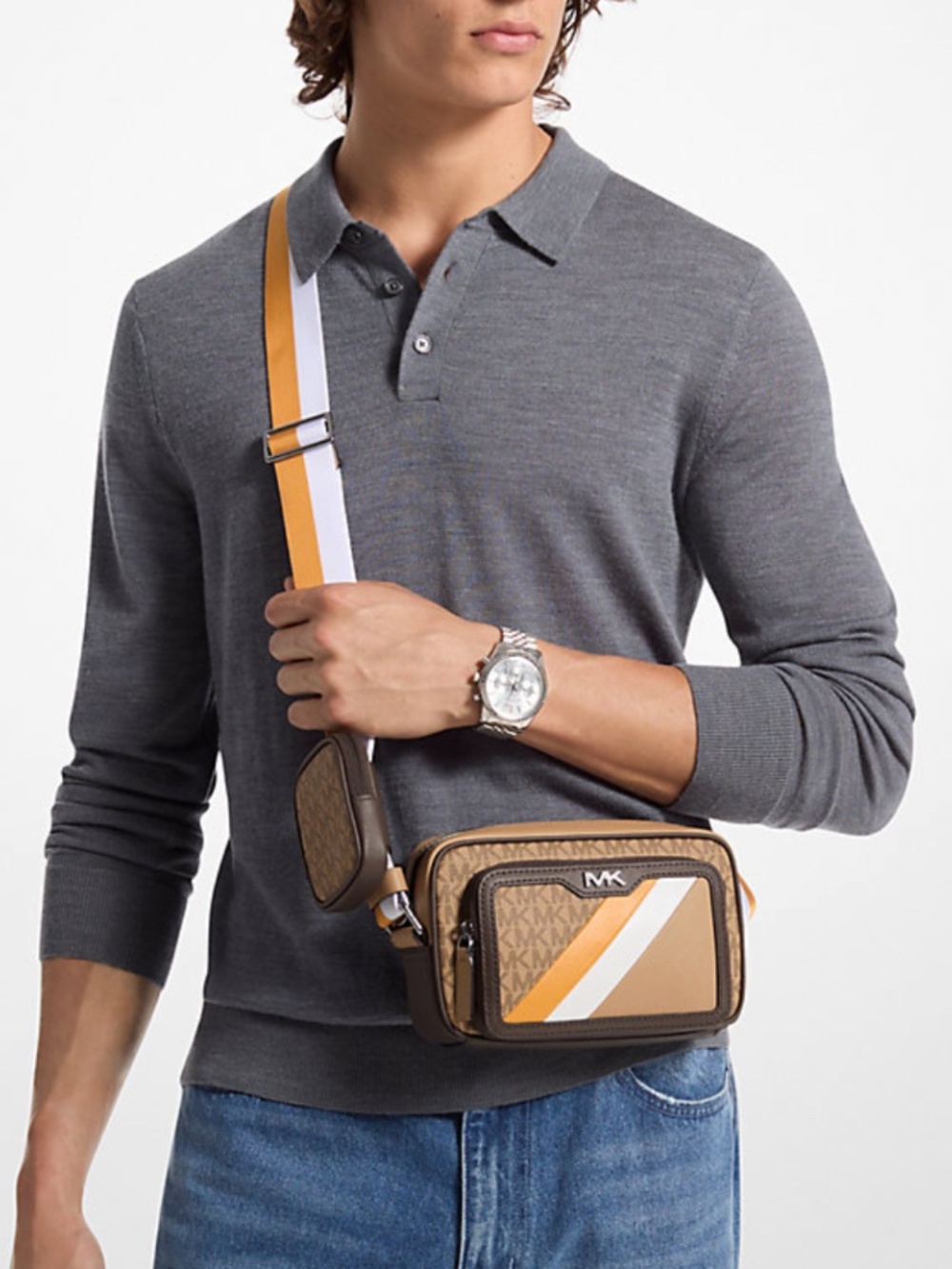 MICHAEL KORS Rivington Striped Logo Camera Bag (GOLDEN ROD) NEW